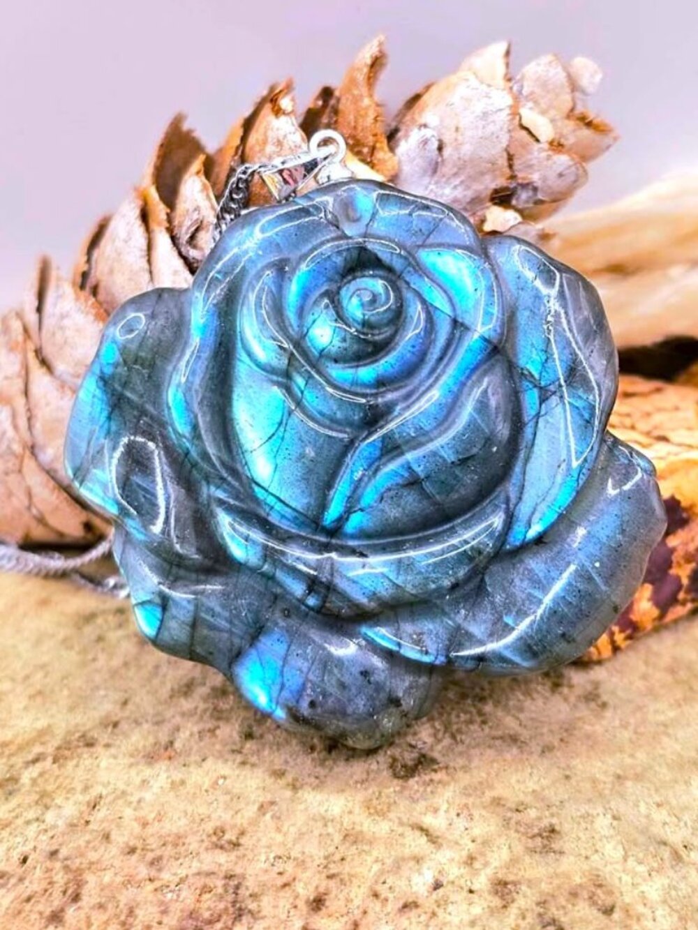 Natural Labradorite Rose Carving Pendant • Flashy • 1.7" Statement Necklace